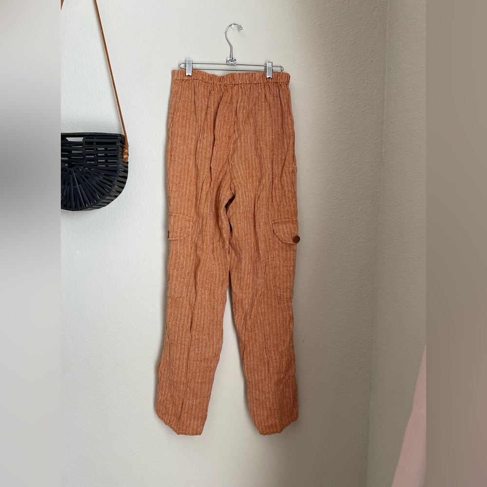 Flax 100% Linen Striped Elastic Waist Pants, Size Small